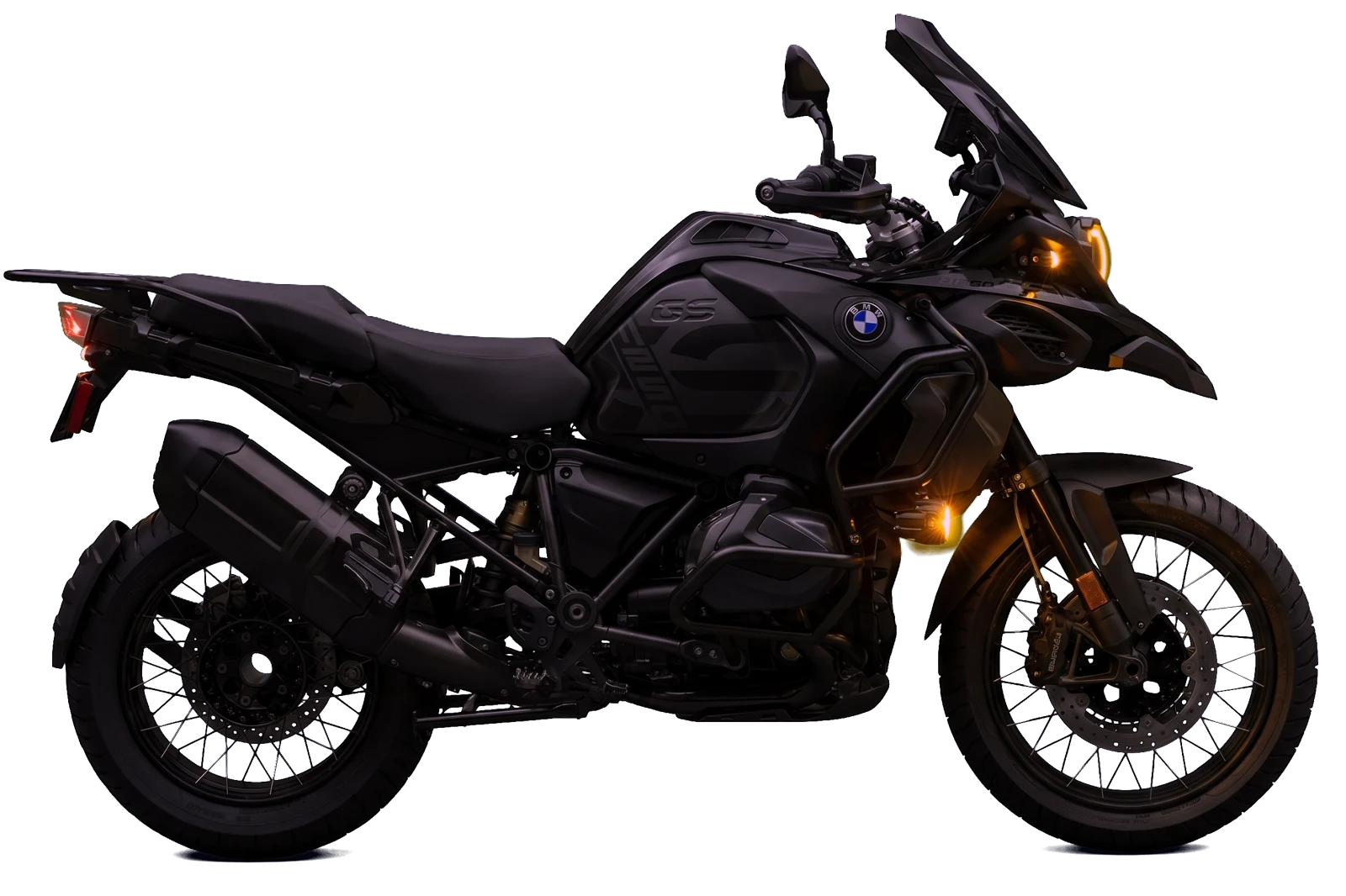 BMW R 1250 GS Adventure Triple Black Option 719 con luces ámbar encendidas, materializada sobre el plano técnico
