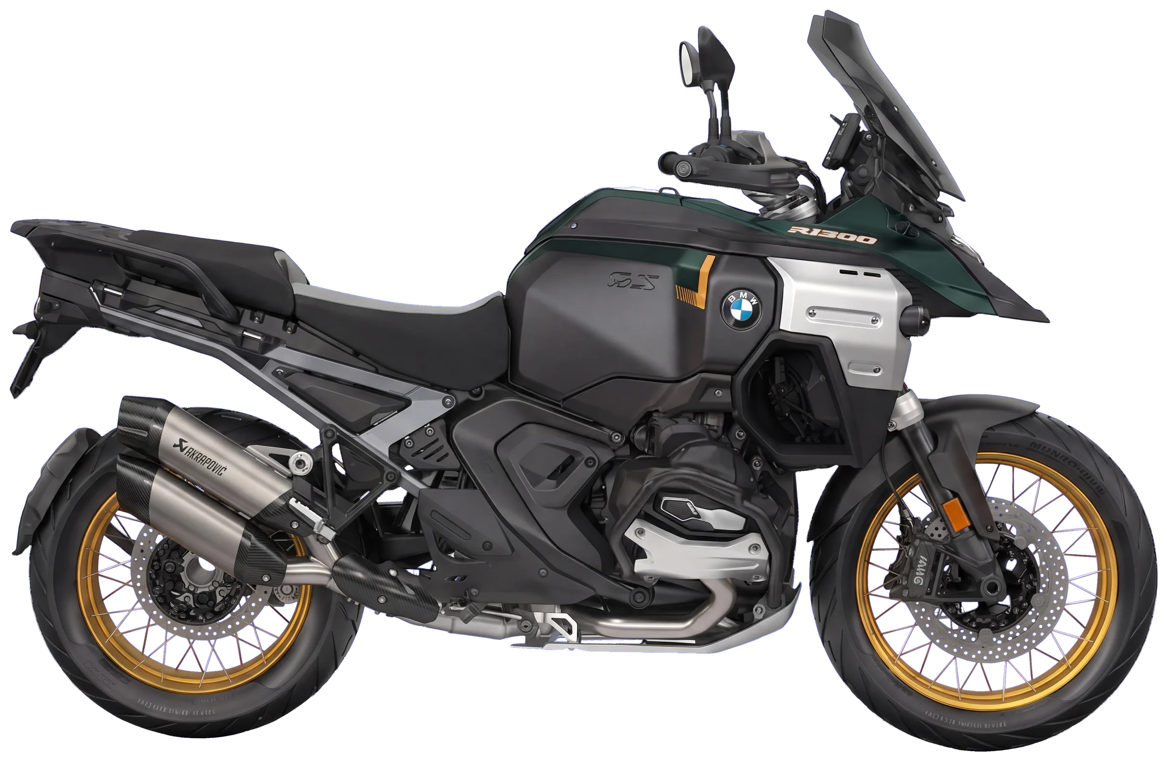BMW R 1300 GS Adventure verde esmeralda con escape Akrapovic despiezándose hasta el chasis con el motor, vista lateral